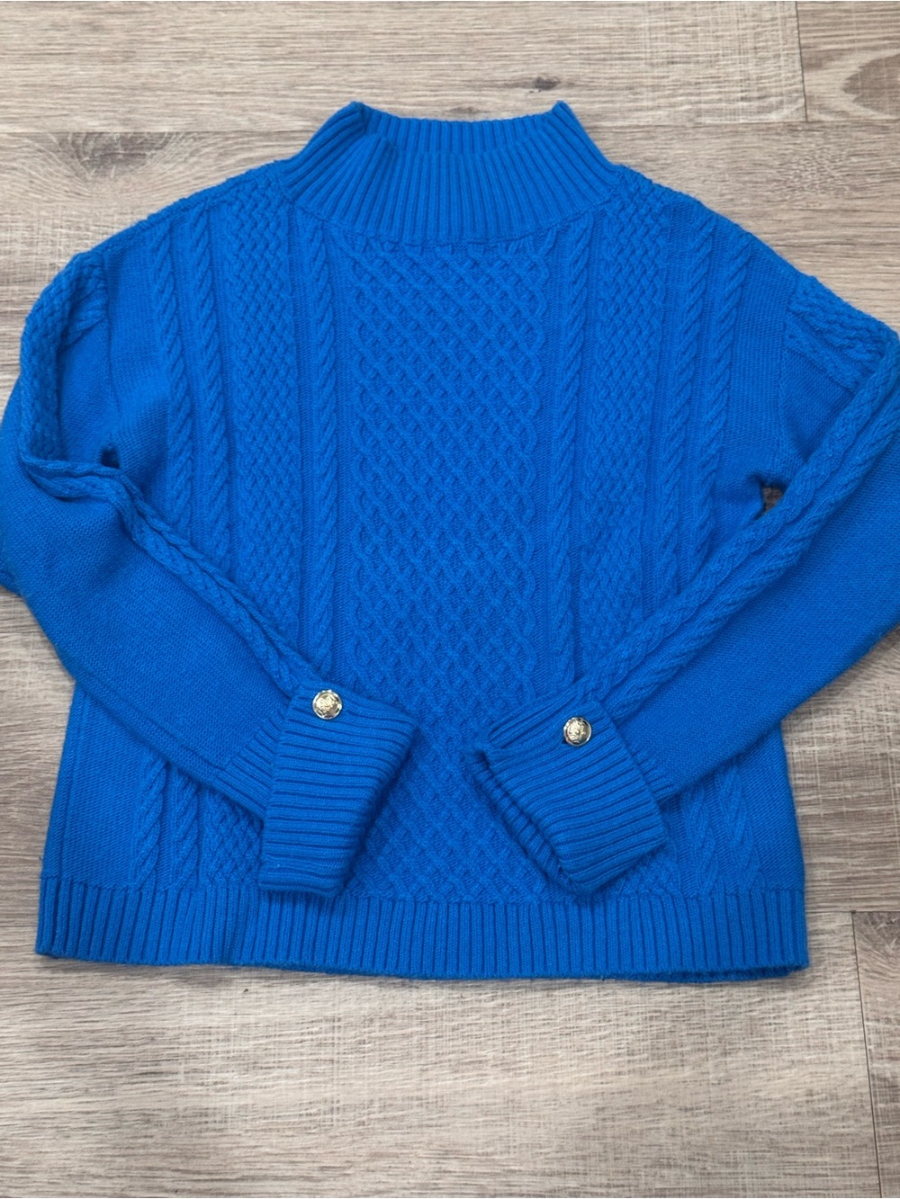 Talbots Cable Knit Mock Neck Sweater Blue XS Gold Button Cuffs